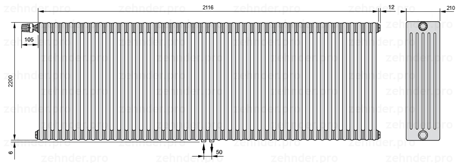 Схема (чертеж) Радиатор Zehnder Charleston 6220/46 №V007 Белый глянцевый RAL 9016